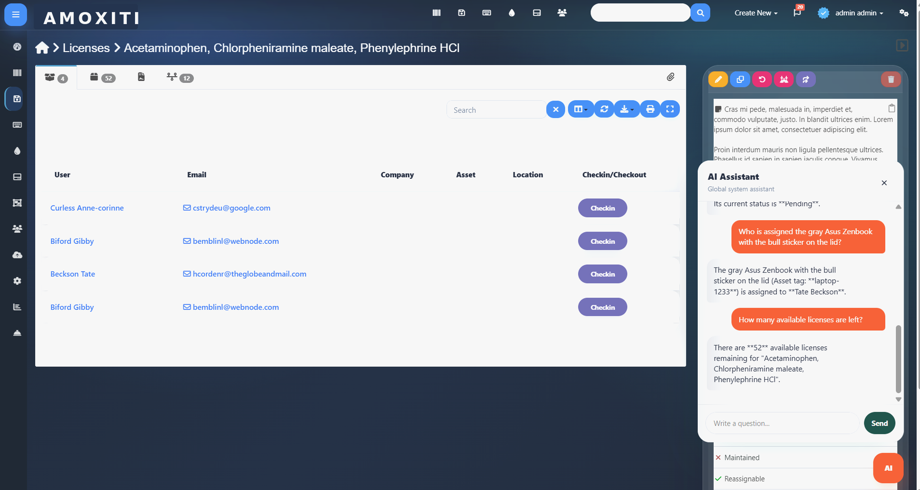 AMOXITI AI license context screen