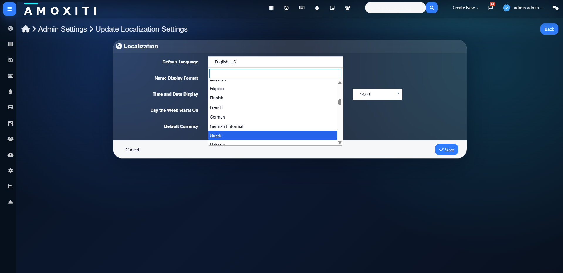 AMOXITI localization settings screen