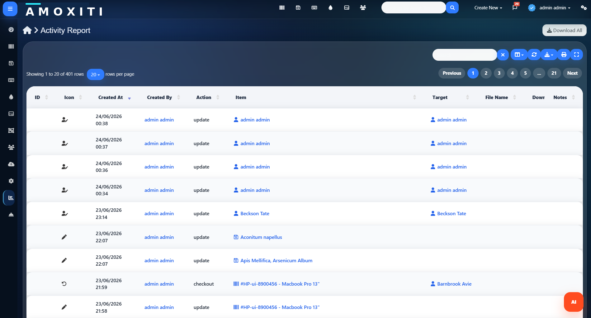 AMOXITI reporting and audit screen